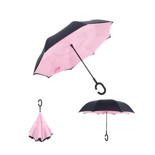 Windproof Double-Layered Hands Free Folding Upside-Down Umbrella Pink