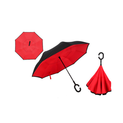 Windproof Double-Layered Hands Free Folding Upside-Down Umbrella Red