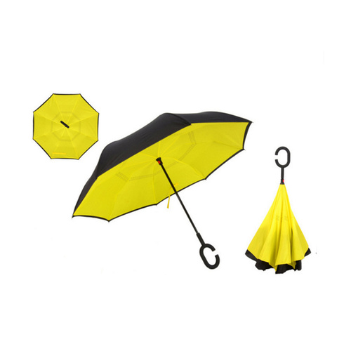 Windproof Double-Layered Hands Free Folding Upside-Down Umbrella Yellow