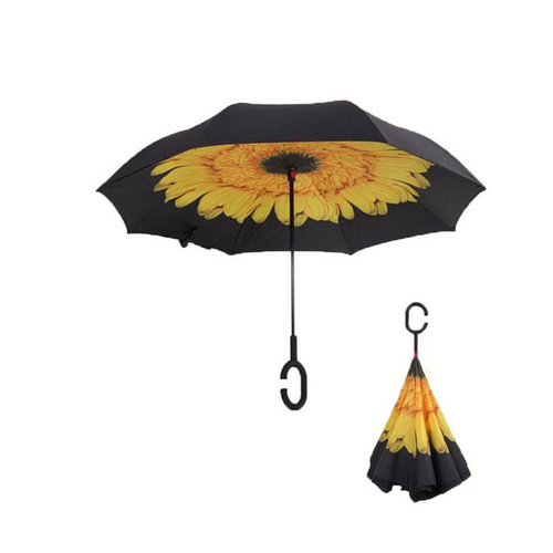 Windproof Double-Layered Hands Free Folding Upside-Down Umbrella Sunflower 