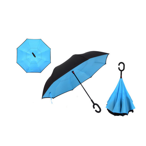 Windproof Double-Layered Hands Free Folding Upside-Down Umbrella Blue