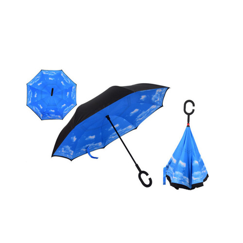 Windproof Double-Layered Hands Free Folding Upside-Down Umbrella Sky