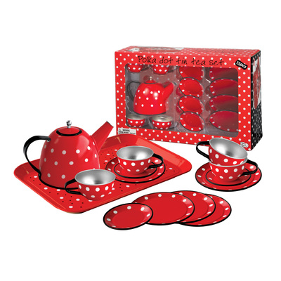 Red Polka Dot Black Trim Tin Tea Set 15Pcs