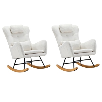 2x Rocking Chair Nursing Armchair Sherpa Chairs With 2 Pillow White