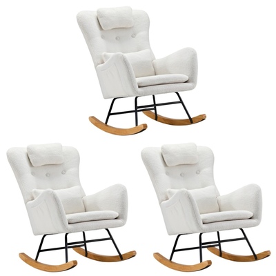 3x Rocking Chair Nursing Armchair Sherpa Chairs With 2 Pillow White