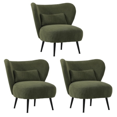 3x Armchair with Lumbar Pillow Wingback Velvet Green