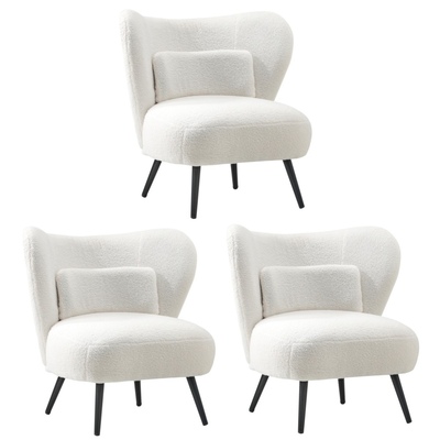 3x Armchair Lounge Chair with Lumbar Pillow Wingback Boucle White