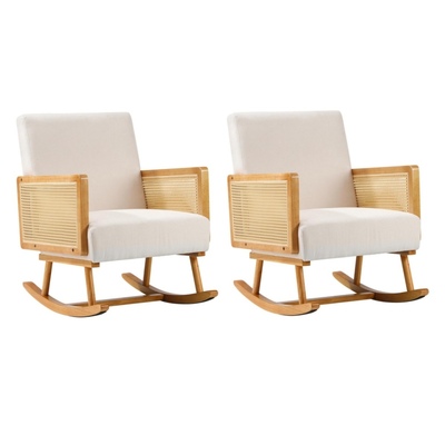 2x Rocking Chair Nursing Armchair Linen Accent Chairs PE Rattan Beige