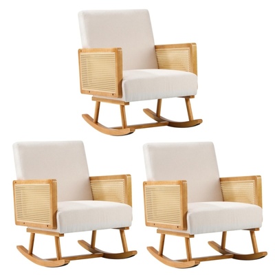 3x Rocking Chair Nursing Armchair Linen Accent Chairs PE Rattan Beige