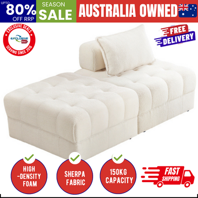 2 Seater Boucle Modular Sofa & Ottoman Set Armless TOFU Back White