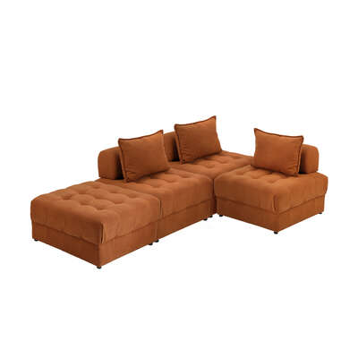 4 Seater Velvet Modular Sofa & Ottoman Set with Backrest Brown