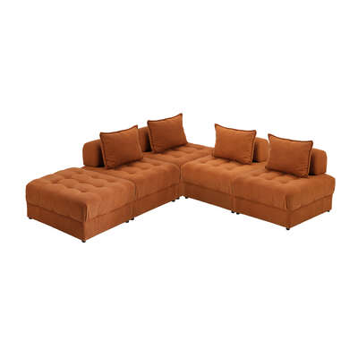 5 Seater Velvet Modular Sofa Ottoman Set with Backrest Brown