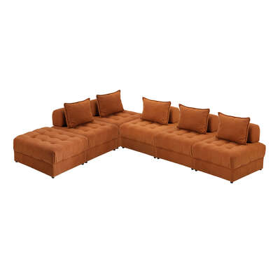 6 Seater Velvet Modular Sofa & Ottoman Set with Backrest Brown