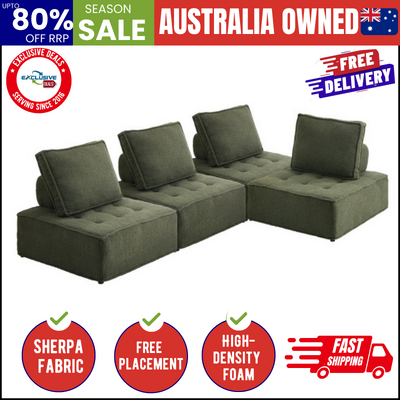 4PCS Modular Sofa Lounge Chair Armless TOFU Back Sherpa Green