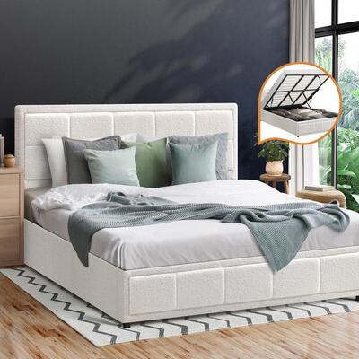  King Bed Frame Gas Lift Storage Base Boucle White