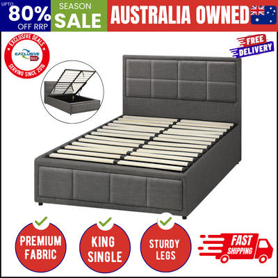 Bed Frame King Single Gas Lift Storage Base Fabric Grey