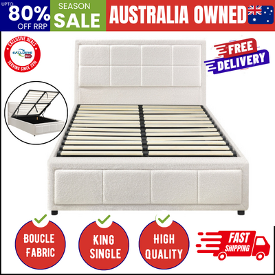 Bed Frame King Single Gas Lift Storage Base Boucle White