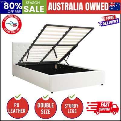 Bed Frame Double Size Gas Lift Base Storage Leather White