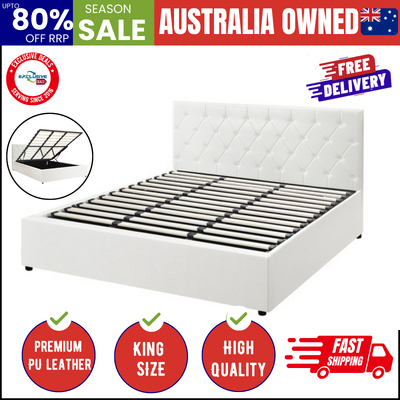 Bed Frame King Size Gas Lift Base Storage Leather White