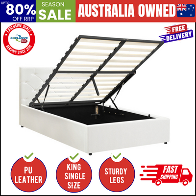 Bed Frame King Single Gas Lift Base Storage Leather White