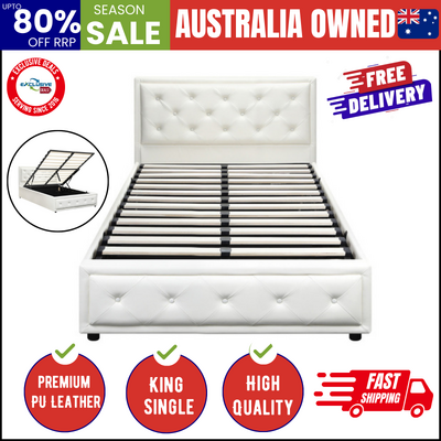 King Single Bed Frame with Storage Space Gas Lift White