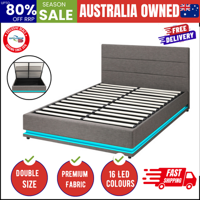 Bed Frame Double Bed Frame LED Mattress Base with Gas Lift Grey