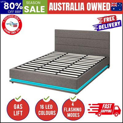 Bed Frame King Bed Frame LED Mattress Base with Gas Lift and Storage Space Grey