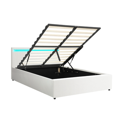 Bed Frame RGB LED Double Size Gas Lift Storage Base White