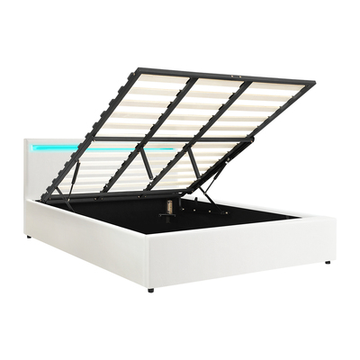 Bed Frame RGB LED King Size Gas Lift Storage Base White