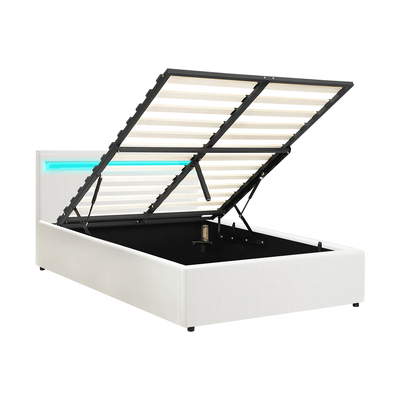 Bed Frame RGB LED King Single Gas Lift Storage Base White