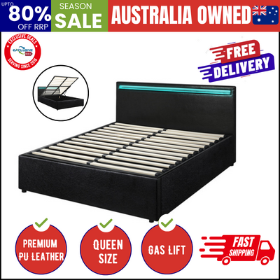 Bed Frame RGB LED Queen Size Gas Lift Storage Base Black