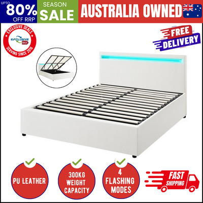 Bed Frame RGB LED Queen Size Gas Lift Storage Base White