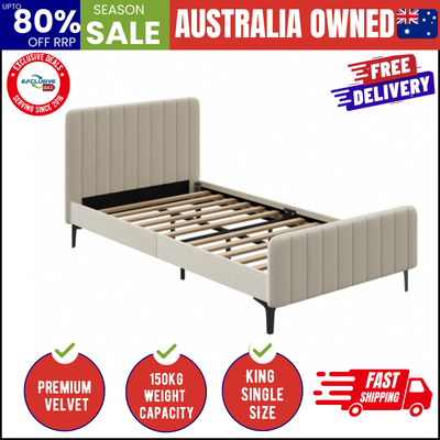 King Single Bed Frame Velvet Fabric Beige