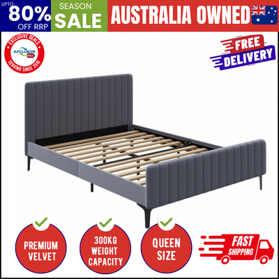 Bed Frame Queen Size Beds Platform Velvet Fabric Grey