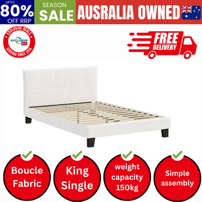 Bed Frame King Single Base White Boucle TOFU