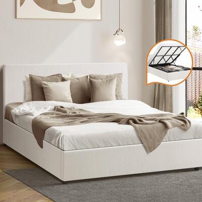 King Bed Frame Gas Lift Storage Base White Boucle