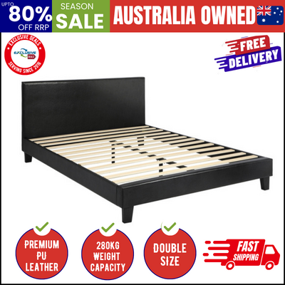 Bed Frame Double Size Base Mattress Platform Leather Wooden Slats Black