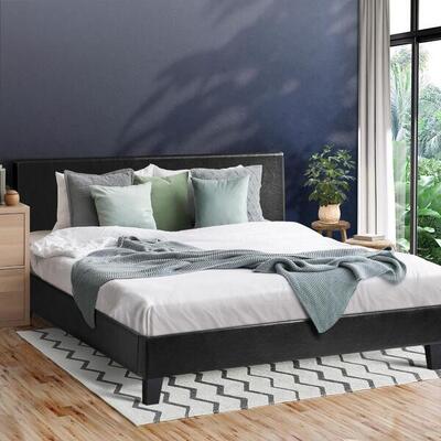 Bed Frame Queen Size Base Mattress Platform Leather Wooden Slats Black