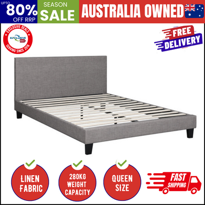 Bed Frame Queen Size Mattress Base Platform Wooden Slats Grey Fabric