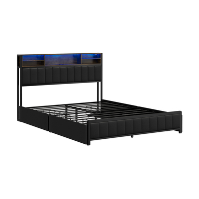 Bed Frame Queen Size with LED Storage Bedhead 4 Drawers Leather