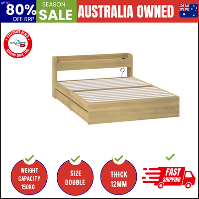 Wooden Bed Frame Double Size with Charging Ports & 2 Drawers