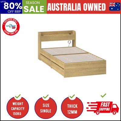 Wooden Bed Frame Single Size with Charging Ports & 2 Drawers