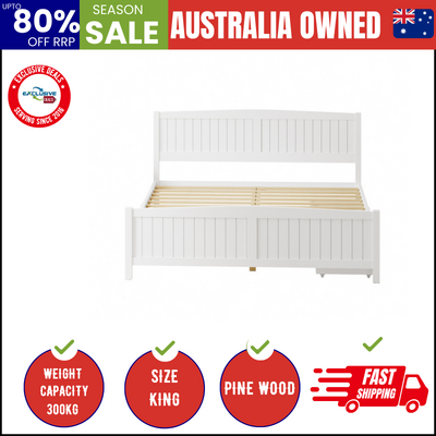 Wooden Bed Frame King Size Base with Trundle Storage Drawers White