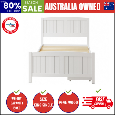 Wooden Bed Frame King Single Size Base with Trundle Storage Drawers White