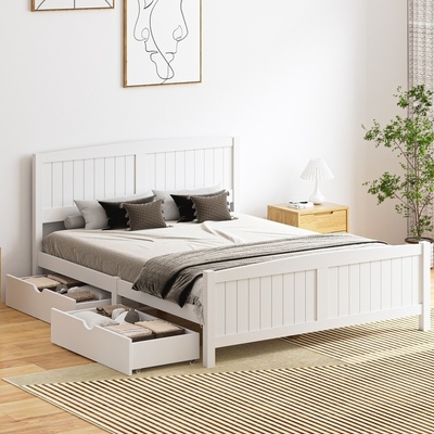 Wooden Bed Frame Queen Size Base with Trundle Storage Drawers White