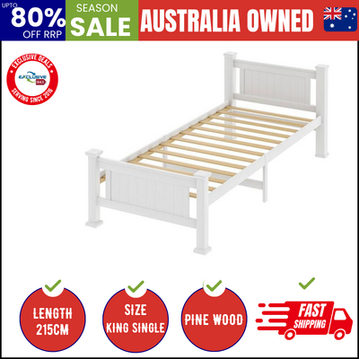 Bed Frame King Single Size Wooden Pine Wood Timber White