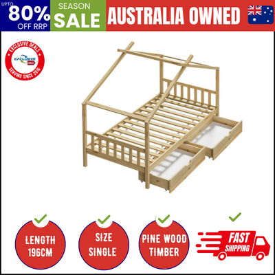 House Bed Frame Wooden Single Size with Drawers