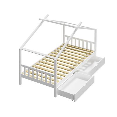 Bed Frame Wooden Single House Frame with Drawers White