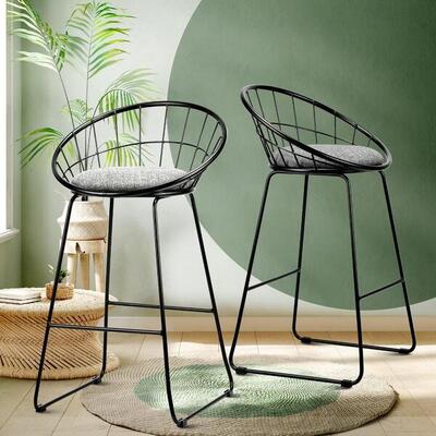 2x Bar Stools Metal Bar Stool Kitchen Chairs Grey Fabric Metallic Black