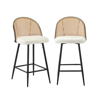 2x Bar Stools Kitchen Counter Stool Rattan Boucle Fabric